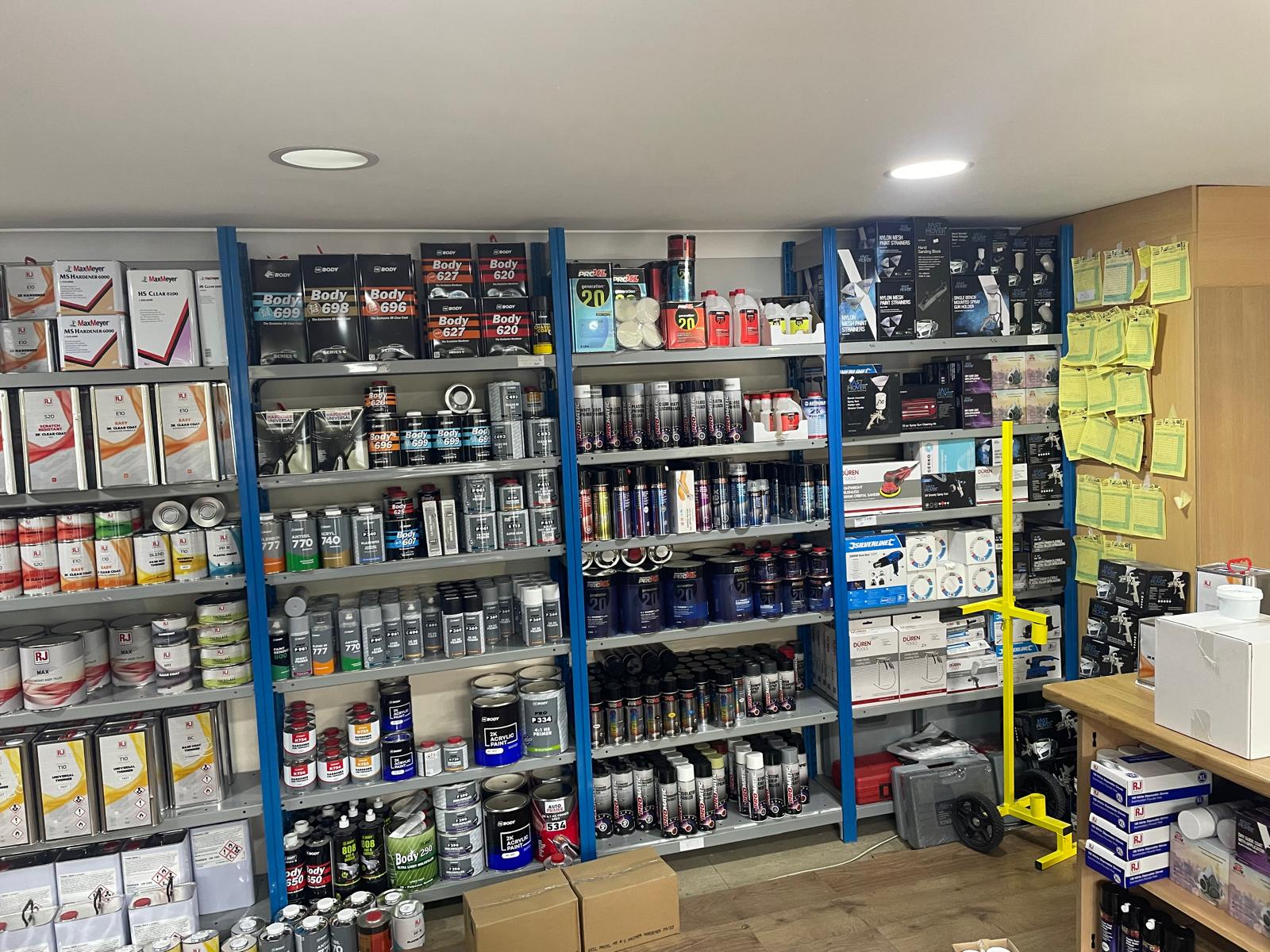 Automotive refinishing supply shelves